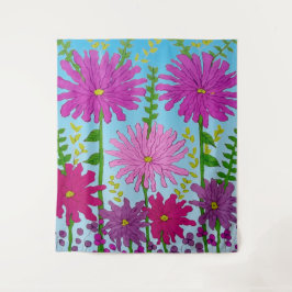 鮮やかなピンクの花のスケッチオンブルー タペストリー