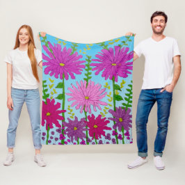 鮮やかなピンクの花のスケッチオンブルー フリースブランケット