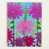 鮮やかなピンクの花のスケッチオンブルー プランナー手帳 (正面)