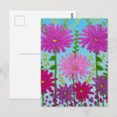 鮮やかなピンクの花のスケッチオンブルー ポストカード (正面/裏面)