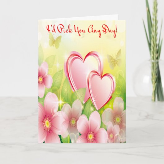 鮮やかなピンクの花のハートの蝶の愛 シーズンカード (正面)