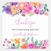 鮮やかなピンクの花の水彩画 ブライダルシャワー スクエアシール (正面)