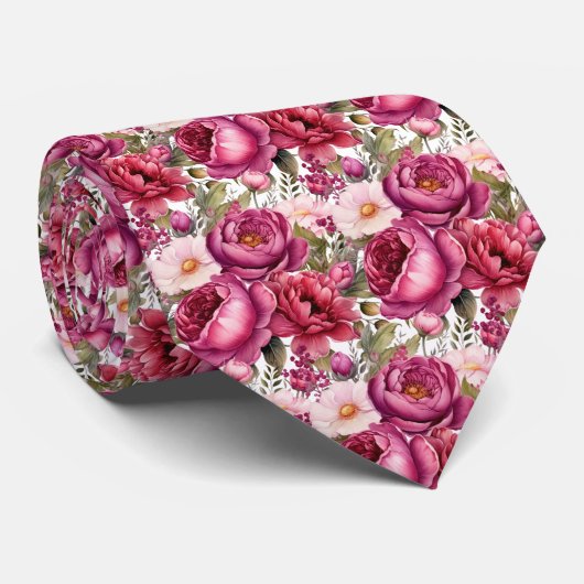 鮮やかなピンクの花柄の水彩ネクタイ ネクタイ (ロール)