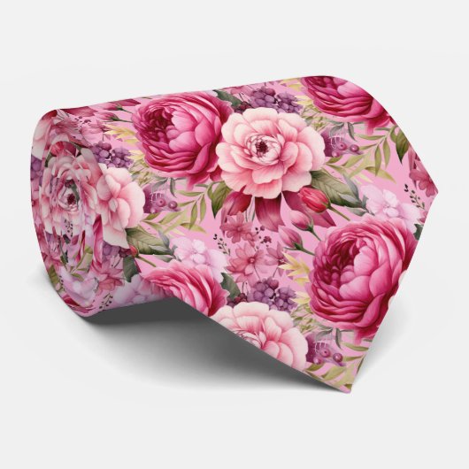 鮮やかなピンクの花柄の水彩ネクタイ ネクタイ (ロール)