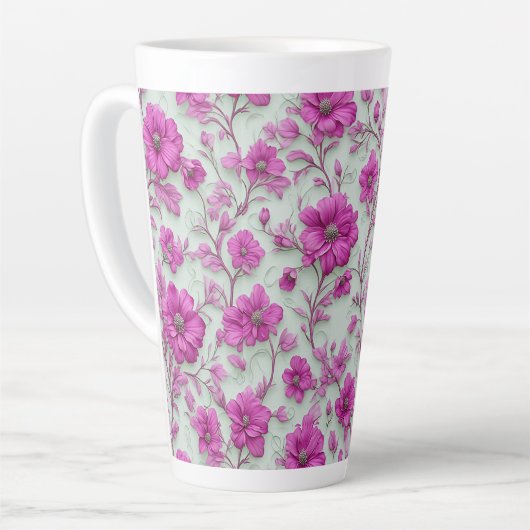 鮮やかなピンクの花柄 マゼンタフラワー カフェラテマグ (左アングル)