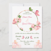 鮮やかなピンクの花 緑の葉 蝶 ウェディング 招待状 (正面)