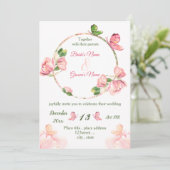 鮮やかなピンクの花 緑の葉 蝶 ウェディング 招待状 (スタンド正面)