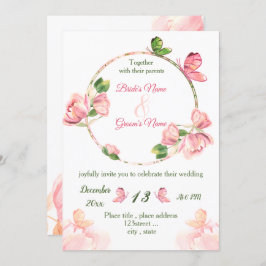 鮮やかなピンクの花 緑の葉 蝶 ウェディング 招待状