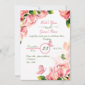 鮮やかなピンクの花 緑の葉 蝶 ウェディング 招待状 (正面)
