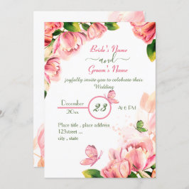 鮮やかなピンクの花 緑の葉 蝶 ウェディング 招待状