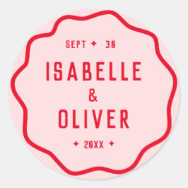 **鮮やかなピンクの赤い波線のレトロな曲線** ラウンドシール