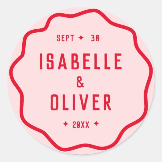 **鮮やかなピンクの赤い波線のレトロな曲線** ラウンドシール (正面)