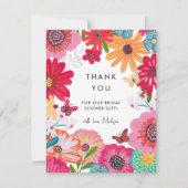 鮮やかなピンクの野生の花のブライズシャワー サンキューカード (正面)