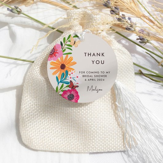 鮮やかなピンクの野生の花のブライダルシャワーの感謝 フェイバータグ