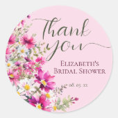 鮮やかなピンクの野生の花の花束スクリプトの感謝 ラウンドシール (正面)