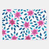 鮮やかなピンクの青い花葉類アクリル絵を描系 ラッピングペーパーシート (正面)