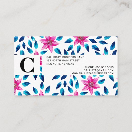 鮮やかなピンクの青い花葉類アクリル絵を描系 名刺 (裏面)
