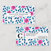 鮮やかなピンクの青い花葉類アクリル絵を描系 名刺 (正面/裏面)
