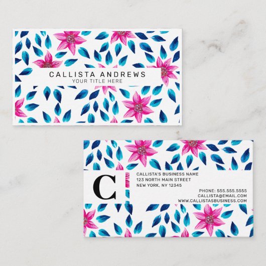 鮮やかなピンクの青い花葉類アクリル絵を描系 名刺 (正面/裏面)