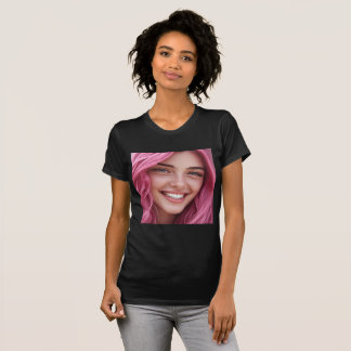 鮮やかなピンクの髪のそばかすスマイルポートレートグラフィック Tシャツ