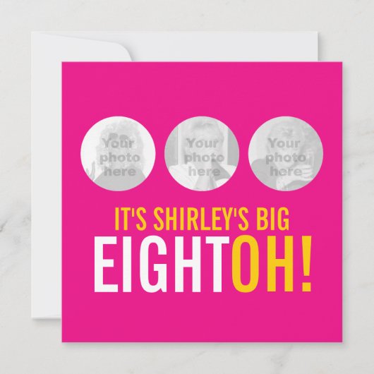 鮮やかなピンクの80歳のEIGHTOH! フォトバースデー招待状 招待状 (正面)