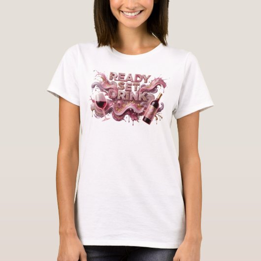 鮮やかなピンクのREADY SET DRINK ウェアラブルアート Tシャツ (正面)
