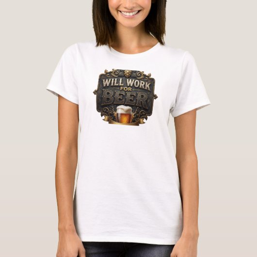 鮮やかなピンクのWILL WORK FOR BEER ウェアラブルアート Tシャツ (正面)