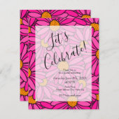 鮮やかなピンクオレンジの抽象的なデイジーパターン 招待状 (正面/裏面)