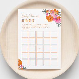 鮮やかなピンクオレンジの花柄ベビーシャワービンゴゲーム 招待状