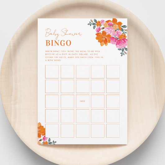 鮮やかなピンクオレンジの花柄ベビーシャワービンゴゲーム 招待状