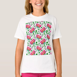 鮮やかなピンクオレンジの花柄  Tシャツ