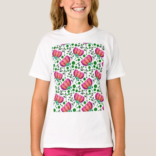 鮮やかなピンクオレンジの花柄 Tシャツ (正面)