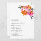 鮮やかなピンクオレンジ色の花柄が目を引くバット・ミツバーフ 招待状 (正面/裏面)