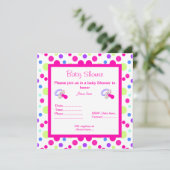 鮮やかなピンク水玉模様ベビーシャワー招待状 招待状 (スタンド正面)