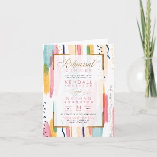 鮮やかなピンク絵を描メンフィシックリハーサルディナー 招待状 (正面)