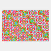 鮮やかなピンク、緑、青、オレンジ、白のパターン ラッピングペーパーシート (正面)