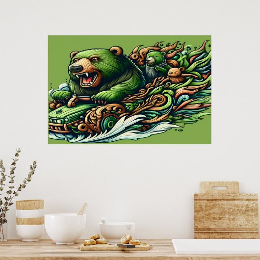 鮮やかなファンの緑の車に乗るアニメーショクマ ポスター (キッチン)