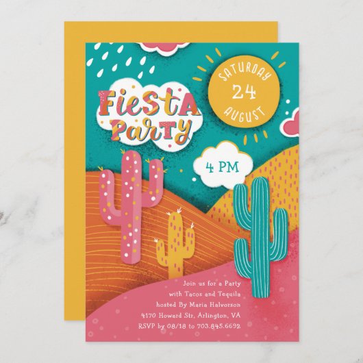 鮮やかなフィエスタパーティー。サボテンのタコスとテキーラ 招待状 (正面/裏面)