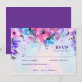 鮮やかなフクシアとパープルの水彩結婚式RSVP 招待状 (正面/裏面)