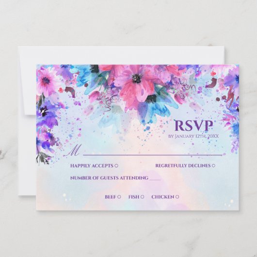 鮮やかなフクシアとパープルの水彩結婚式RSVP 招待状 (正面)