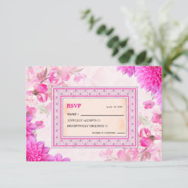 鮮やかなフクシアピンクの花柄 ウェディングRSVPカード 出欠カード