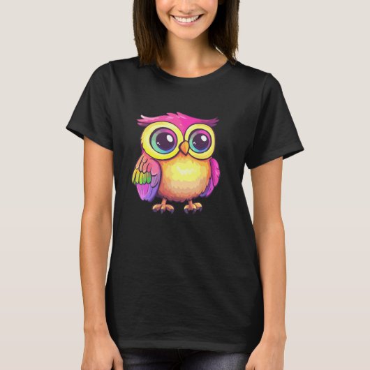 鮮やかなフクロウのイラスト Tシャツ (正面)