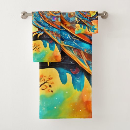 鮮やかなフクロウのケレシ疑問に思アル：と魔法 バスタオルセット (インサイチュ)