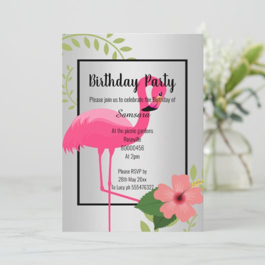 鮮やかなフラミンゴハイビスカスシルバーブラック誕生日 招待状 (スタンド正面)