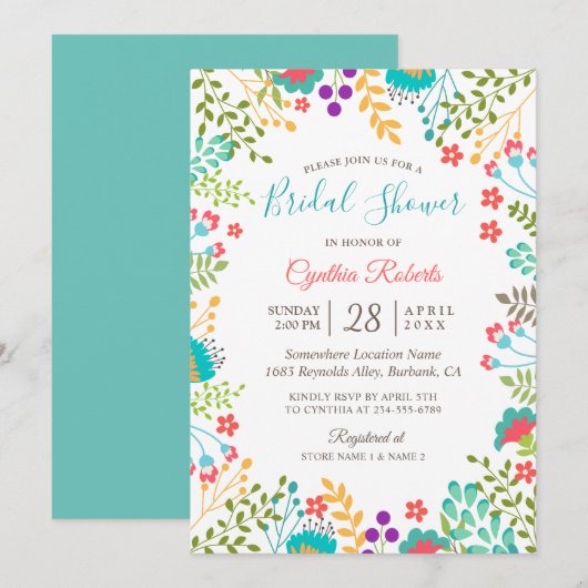 鮮やかなフレッシュな春の花のキュートなブライダルシャワー 招待状 (正面/裏面)