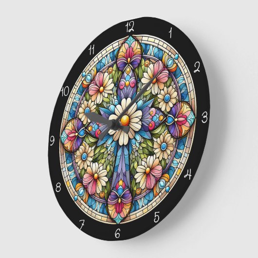 鮮やかなフローラステンドグラス十字架 ラージ壁時計 (傾斜)