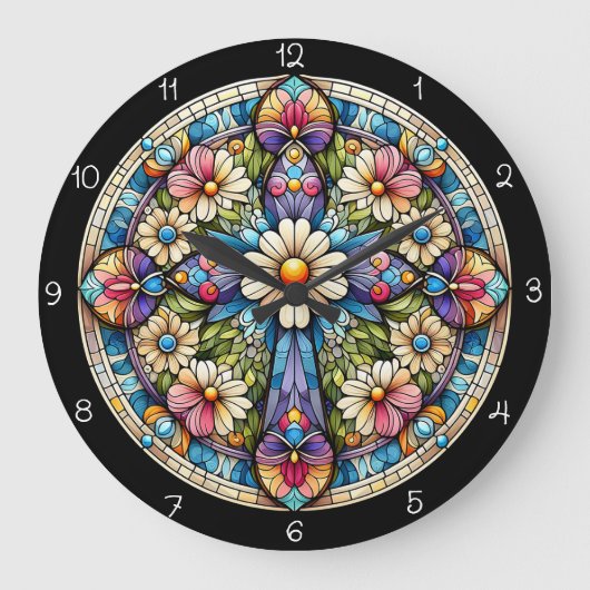 鮮やかなフローラステンドグラス十字架 ラージ壁時計 (正面)