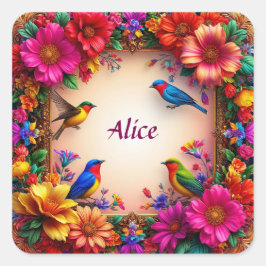 鮮やかなフローラフレームカラフル(自然に鳥を含む) スクエアシール