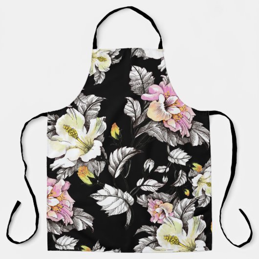 鮮やかなフローラ水色:黒い背景 エプロン (正面)