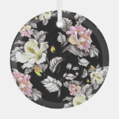 鮮やかなフローラ水色:黒い背景 ガラスオーナメント (正面)